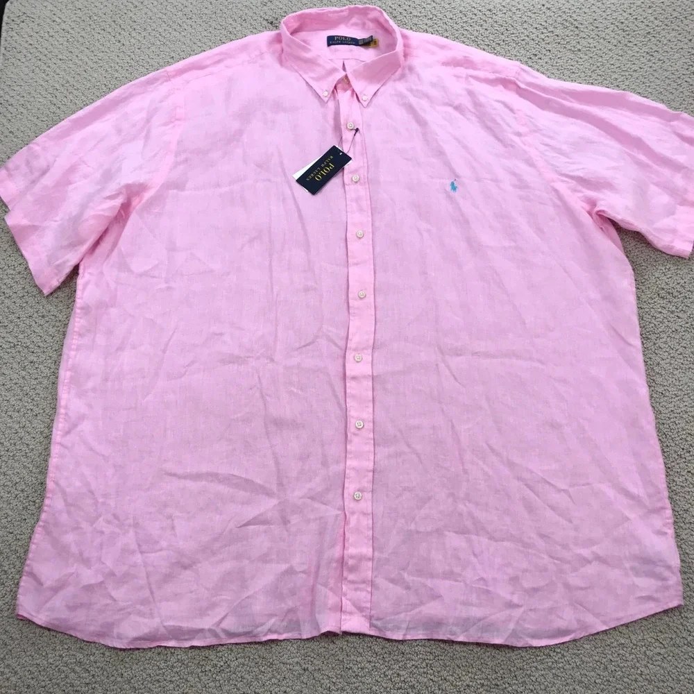 Polo Ralph Lauren Mens 4XLT Pink 100% Linen Short Sleeve Button Down Shirt NWT